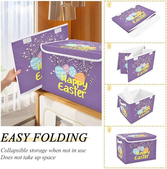 Happy Easter 2 Fabric Storage Bins with Lids and HandleFoldable Storage Bins with LidsCloset Organizers for Clothes Storage Room Organization Office Storage Chest Organizer