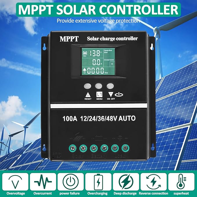 50A-100A Solar Charge Controller 100A MPPT LCD Display Solar Battery Regulator 12/24/36/48V Intelligent Solar Panel Regulator with Double USB Charging Port 7 Modes for Charging