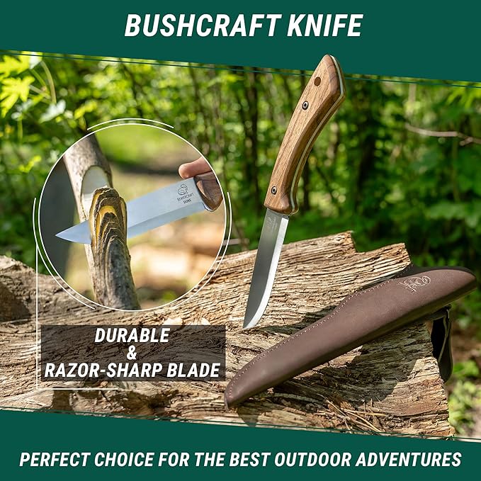 BeaverCraft BSH4F Bushcraft Knife BSH1 Dune Bushcraft Knife Fixed Blade with Leather Sheath