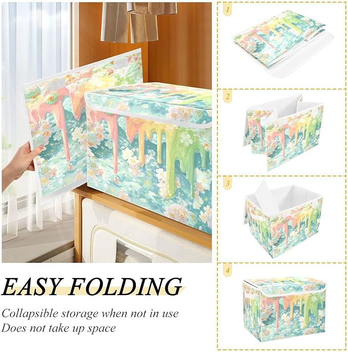 Storage Bins With Lid Stackable Fabric Closet Organizer Clothing Storage Large Boxes For Closet Shelves Bedroom Blue Flowers Meltingicecream Stars Soft