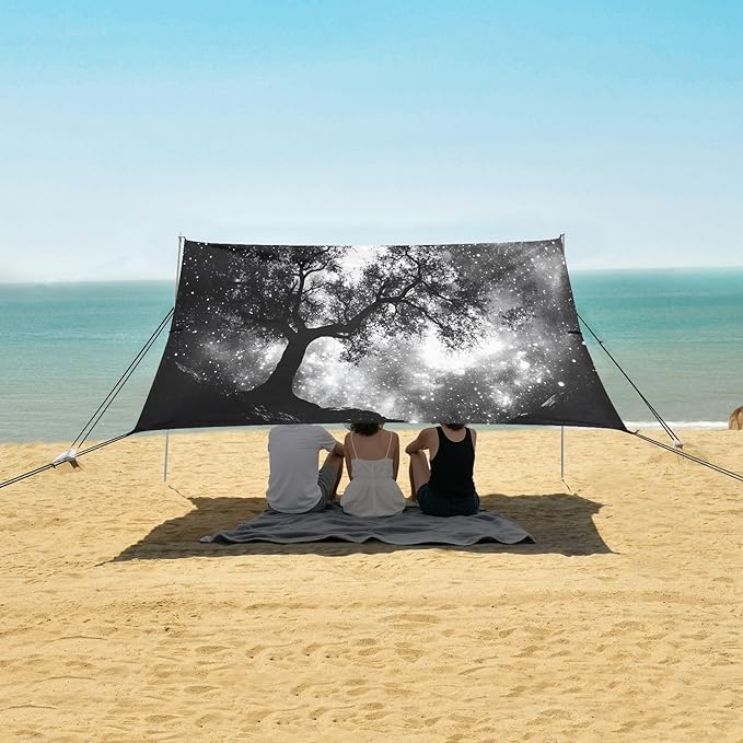 Forest Black Galaxy Beach Tent Sun Shelter Set UPF50+ UV Protection 10.5 x 9.19 FT Camping Shade Canopy with Sandbags Sand Anchors Carrying Bag and Others