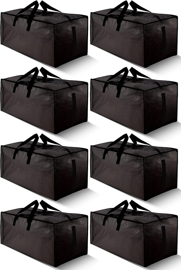 HOMESURE 8 Pack Large Strong Bags with Zippers &amp Carrying Handles - Water-Resistant - Heavy Duty Storage Tote for Space Saving Fold Flat Alternative to Moving Box (Black)
