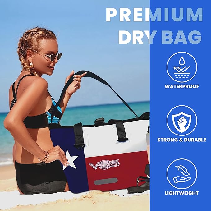 VOS Waterproof Premium Texas Dry Bag – All-purpose Tote Bag with Zip Pocket (Red Blue White) - Keep Your Gear &amp Personal Items Dry During Hiking Camping and Water Sports