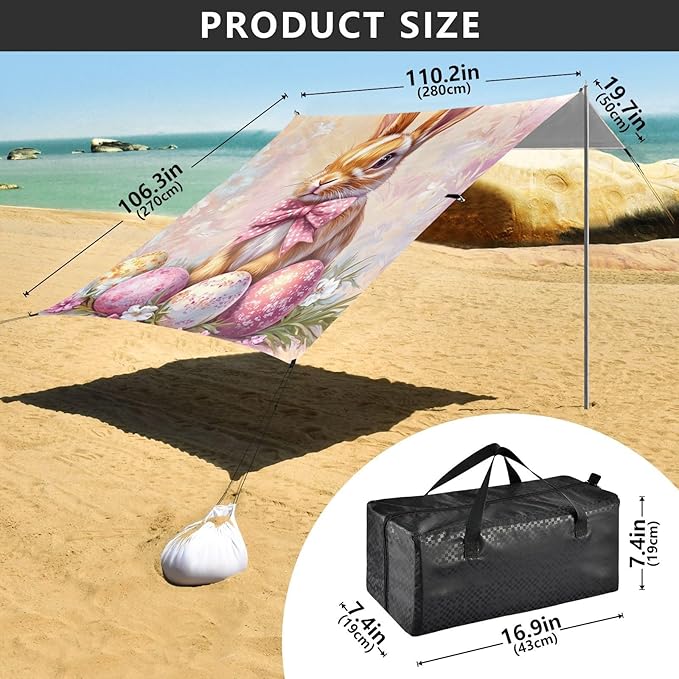 Floral Bow Bunny Rabbits Eggs Easter1 Stable Beach Tent UPF50+ Protection Water-Resistant Shade Sun Shelter with Sand Shovel Sandbags for Camping Picnics Backyard