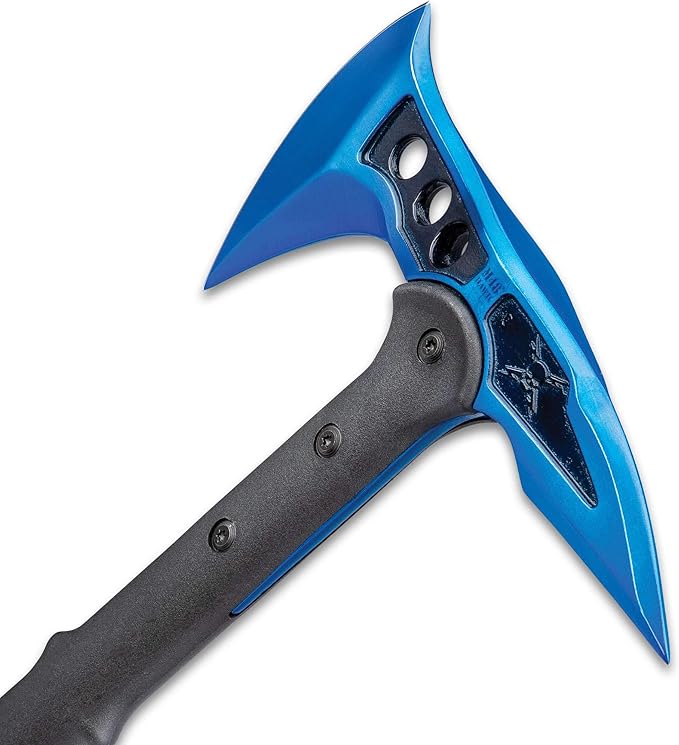 M48 Blue Tactical Tomahawk Axe and Snap On M48 Sheath - Hawk Axe Blue Stainless Steel Blade Piercing Spike Grippy Reinforced Fiberglass Handle Made for Door Breaching and Chopping - Length 15”