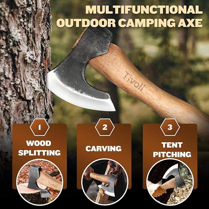 Tivoli 15 Inch Camping Axes and Hatchets Bushcraft Axe for Wood Splitting and KindlingHand Forged Carbon Steel Chopping Axes Ash Wood Handle with Sheath for Camping and Survival