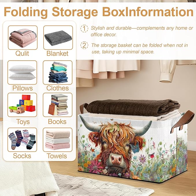 Flower Highland Cow Storage Bins with Handles Collapsible Storage for Clothes Gift Basket Blankets &amp Closet Organization