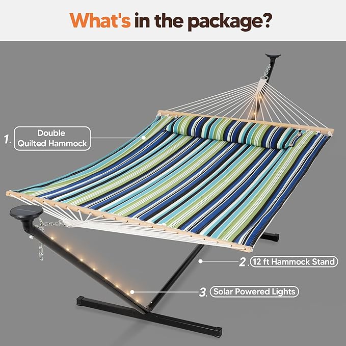 SUNCREAT Hammocks Stand Alone Hammock with Solar Powered Lights Portable Standing Hammock Green