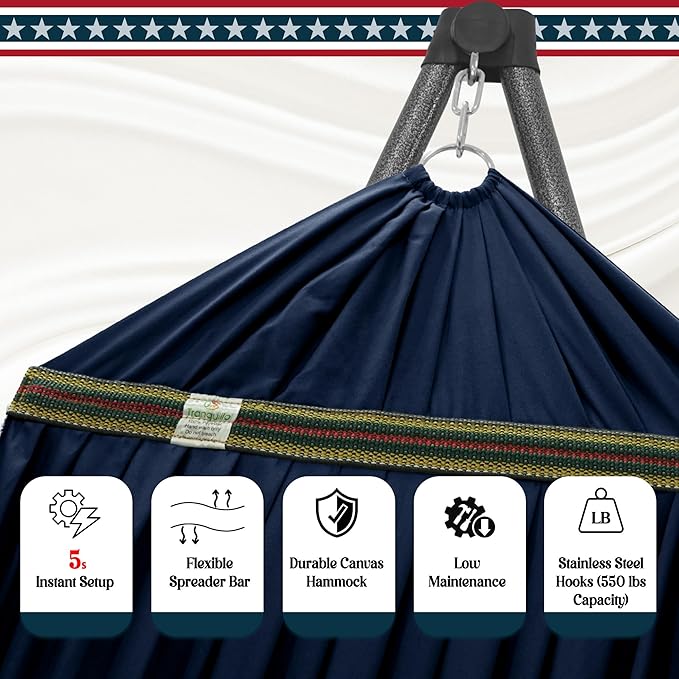 Tranquillo Uniki Hammock with Stand 550 lbs Capacity – 30-Second Setup Sturdy Steel Stand 3-Year Warranty Tool-Free Assembly Premium Carry Bag Included Outdoor &amp Indoor Hammock Navy