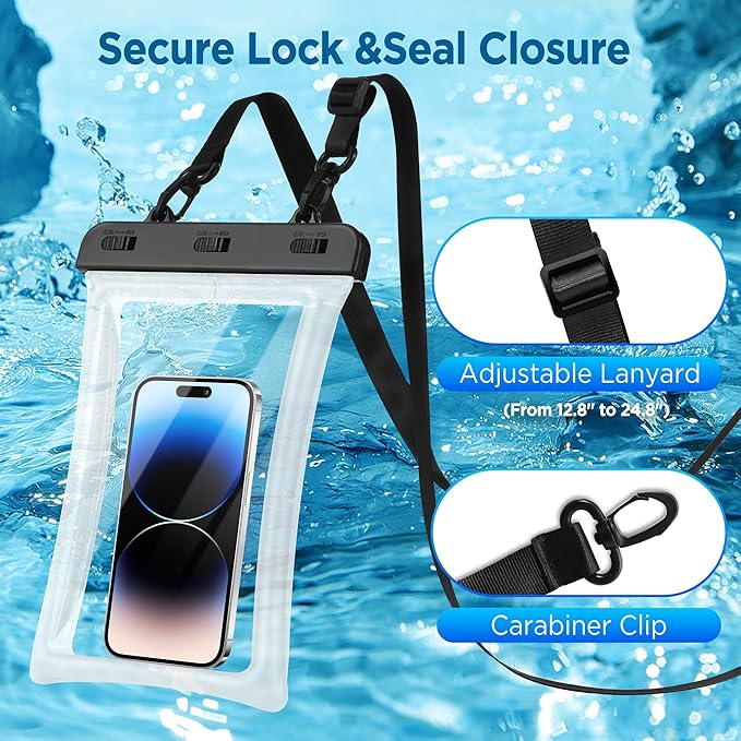 CACOE [Floatable Floating Universal IPX8 Waterproof Phone case 2 Pack-Up to 10.0Adjustable Lanyard Phone PouchDry Bags for Vacation Beach Pool Kayak Cruise Travel Essentials（Black+Black-#2）
