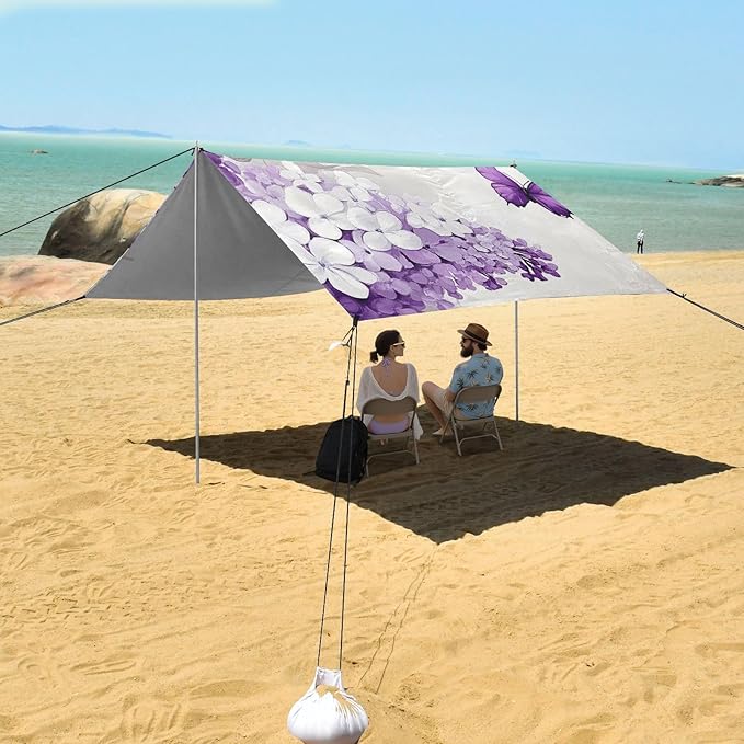 Purple Butterflies White Lilac Foldable Beach Cabana UPF50+ Easy Setup Shade Sun Shelter with Sturdy Poles Sandbags and Shovel for Family Trips Picnics &amp Camping