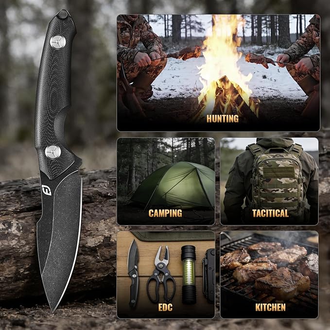 Emojoy Fixed Blade Knife with Sheath Black Stonewash Blade 4.33 Camping Knife with G10 Handle &amp Hidden Tool Full Tang Survival Knife for Camping Bushcraft - Includes Compass Whistle and Sheat