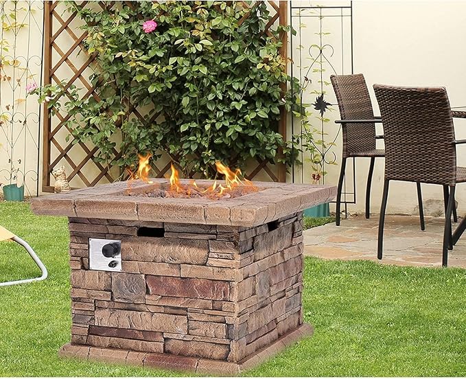 HOMPUS Outdoor Propane Fire Pit Table 32-inch Imitation Stone Square Concrete Propane Fire Pit with Lava Rocks and Rain Cover 50000 BTU Gas Smokeless Fire Pits for Outside PatioGarden CSA Certified