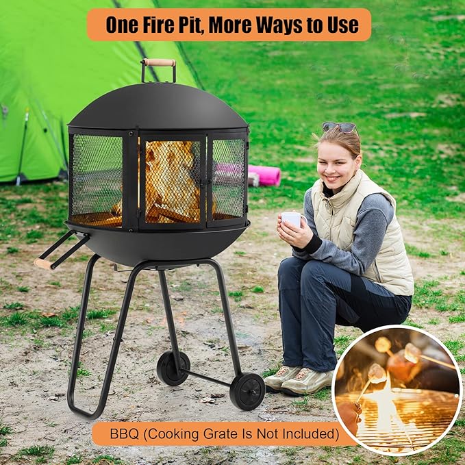 Tangkula Portable Fire Pit with Wheels 28 Inch Wood Burning Fire Pit with Log Grate Poker Rolling Patio Fireplace Wooden Bonfire Firepit for Outdoor Entertaining Black
