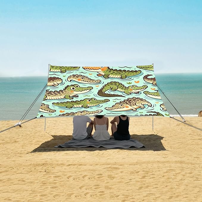 Cartoon Crocodiles Beach Tent Sun Shelter Set UPF50+ UV Protection 10.5 x 9.19 FT Camping Shade Canopy with Sandbags Sand Anchors Carrying Bag and Others