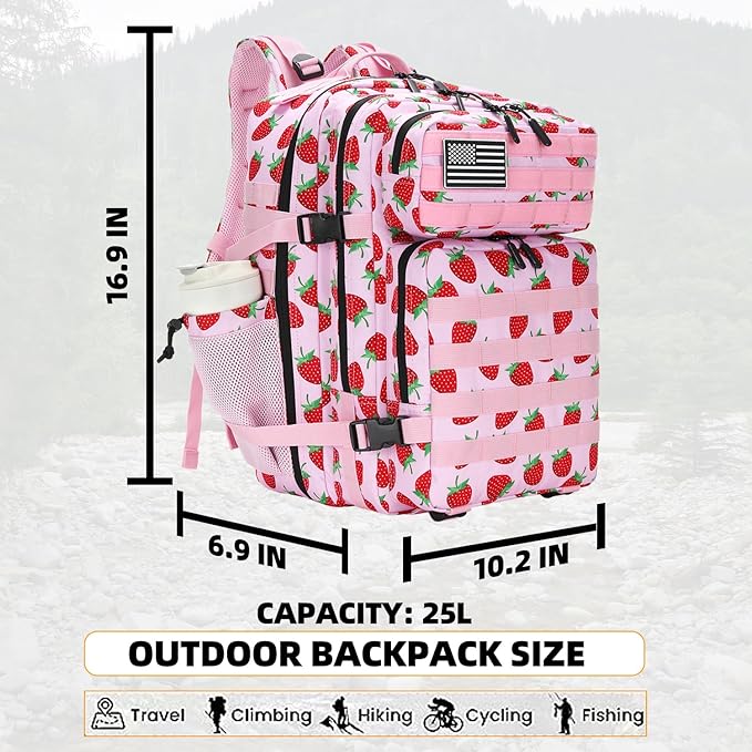 Lovelinks21 25L Tactical Military Backpack Small Travel Rucksack for Men and Women Assault Pack Bug Out Bag Molle Daypack Gym Backpack with Bottle Holder (Strawberry)