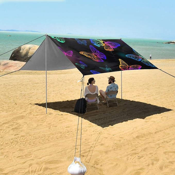 ALAZA Colorful Neon Butterfly Pattern Beach Tent Sun Shelter Portable Canopy Sunshade for Outdoor Camping Picnics Backyard Fun 10x9 ft