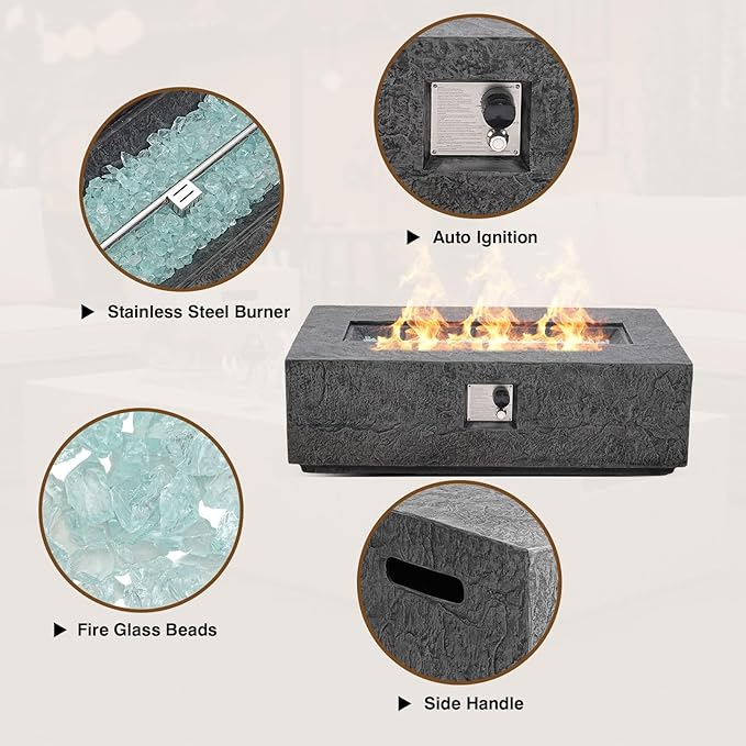 Outdoor Propane Fire Pit Table Set – Premium Slate-Like MgO Finish 48-Inch Gas Fire Table for Patio Garden &amp Backyard Includes Rain Cover &amp Glass Beads