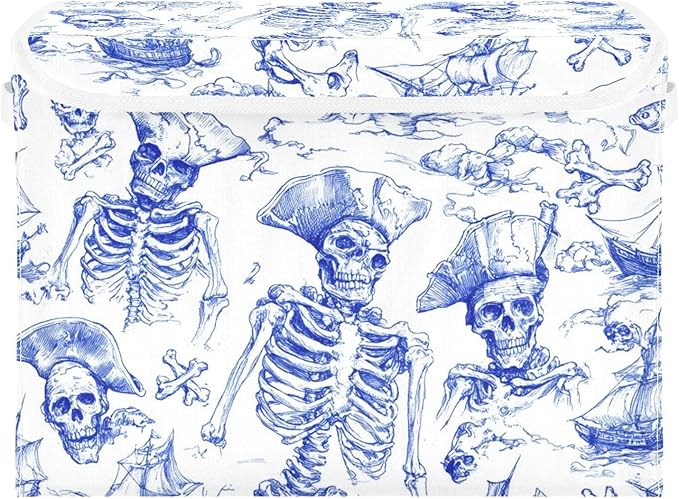 Collapsible Storage Bins with Lids Decorative Fabric Storage Cubes Closet Organizer and Storage Basket Boxes Containers for Clothes Box Chest Nursery Folding Rectangle Retro Blue Skull Pirate