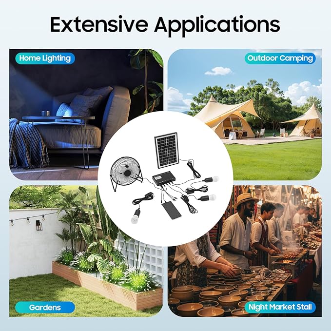 Solar Generator with Fan &amp Light Portable Solar Panel Kit for Outdoor Camping Emergency Greenhouse Shed Includes 3 Bulbs &amp 4000mAh Battery