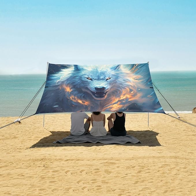 ALAZA White Wolf Howling Beach Tent Sun Shelter UPF50+ Protection Beach Shade Canopy w/ 4 Sandbags for Outdoor Camping Fishing Backyard Fun Picnic 10x9 ft