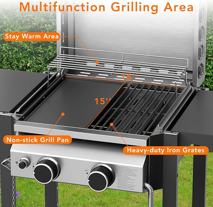 Electactic Propane Gas BBQ Grill 2-Burner Barbecue Grills with Cast Iron Frying Pan and Grates Combo 16000 BTU Output Stainless Steel Grill for Outdoor Cooking Patio Backyard Party