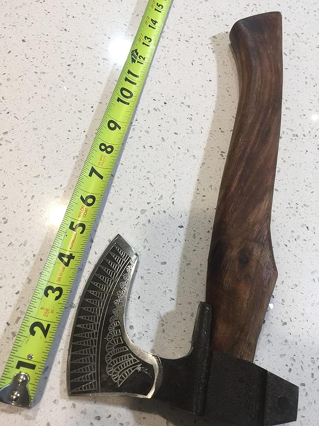 15 Inch long Bearded hiking Axe Carbon steel blade with laser etching Easy grip Rose wood round handle Leather sheath included