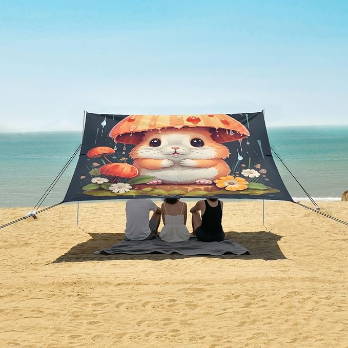 ALAZA Hamster Mushroom Beach Tent Sun Shelter UPF50+ Protection Beach Shade Canopy w/ 4 Sandbags for Outdoor Camping Fishing Backyard Fun Picnic 10x9 ft
