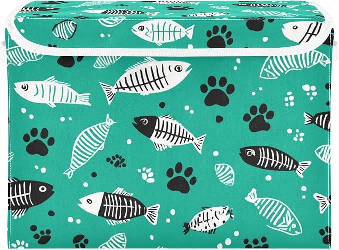 Collapsible Storage Bins with Lids Decorative Fabric Storage Cubes Closet Organizer and Storage Basket Boxes Containers for Clothes Box Chest Nursery Folding Rectangle Green Paw Prints Fish