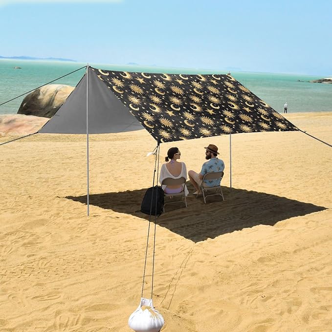 ALAZA Gold Moon Star Sun Alchemy Beach Tent Sun Shelter UPF50+ Protection Beach Shade Canopy w/ 4 Sandbags for Outdoor Camping Fishing Backyard Fun Picnic 10x9 ft