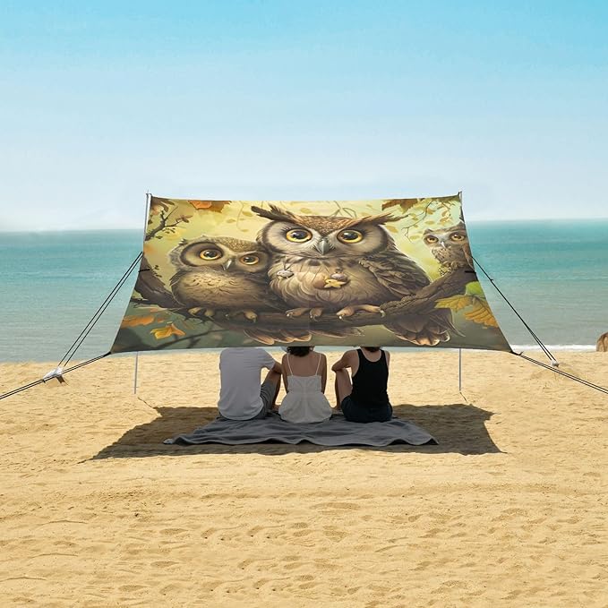 ALAZA Cute Owl Family Beach Tent Sun Shelter Portable Canopy Sunshade for Outdoor Camping Picnics Backyard Fun 10x9 ft