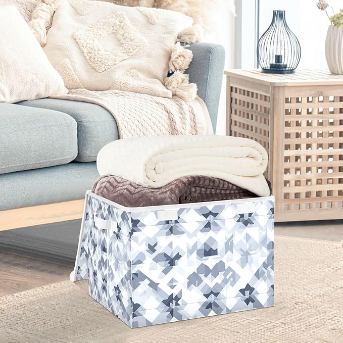 Collapsible Storage Bins with Lids Decorative Fabric Storage Cubes Closet Organizer and Storage Basket Boxes Containers for Clothes Box Chest Nursery Folding Rectangle Blue and Grey Aztec