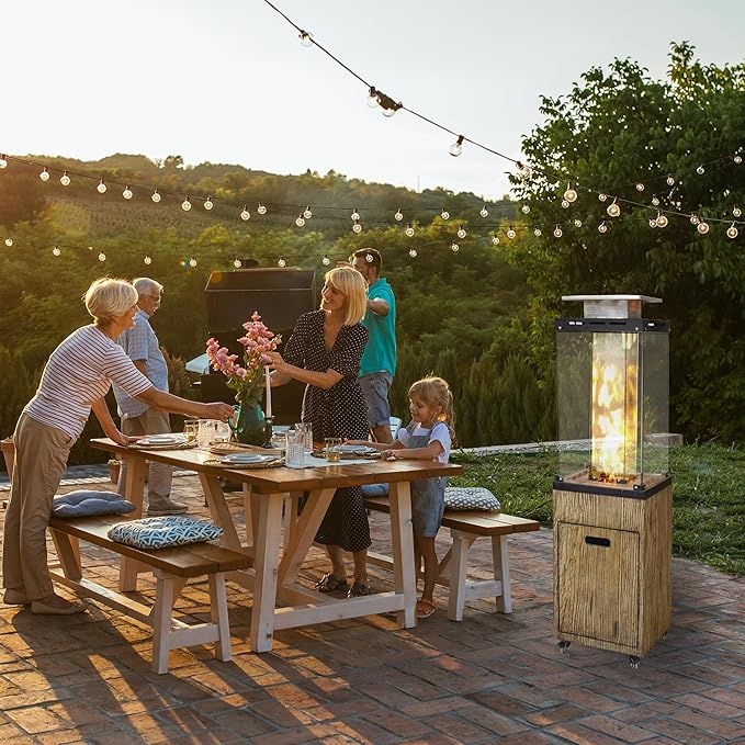 Afterglow Outdoor Patio Propane Fire Heater with Weather Cover Glass 41000 BTU Fireplace Patented &amp CSA Certificated Wood Grain Brown
