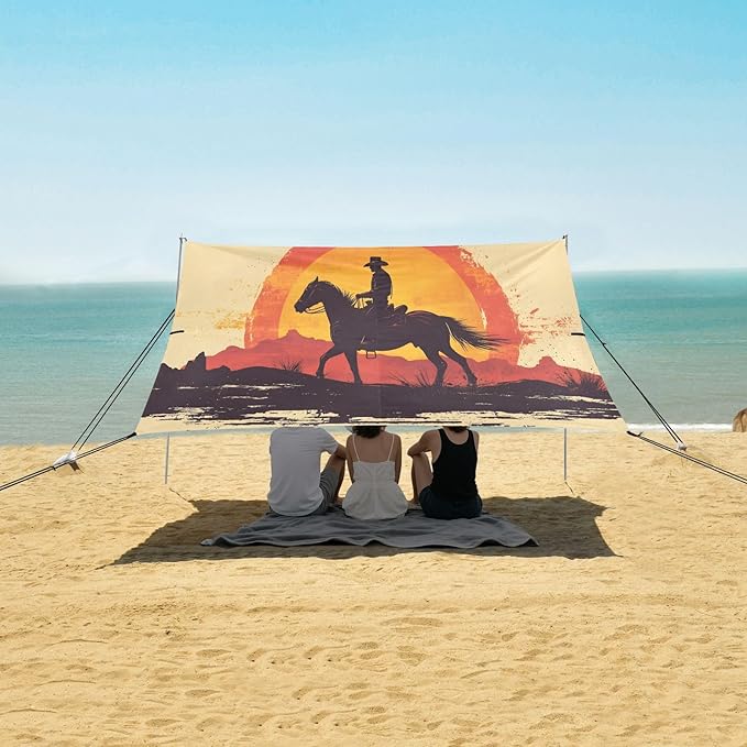 Cowboy at Sunset Beach Tent Sun Shelter Set UPF50+ UV Protection 10.5 x 9.19 FT Camping Shade Canopy with Sandbags Sand Anchors Carrying Bag and Others