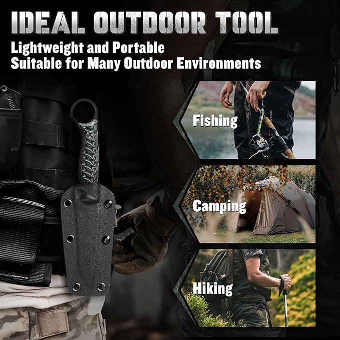 Tanto Fixed Blade Knife - Full Tang Survival Knife for Bushcraft - Camping Knives with Sheath - Black Knives Forged from a Single Piece of D2 Steel - Ideal Gift for Men - Green
