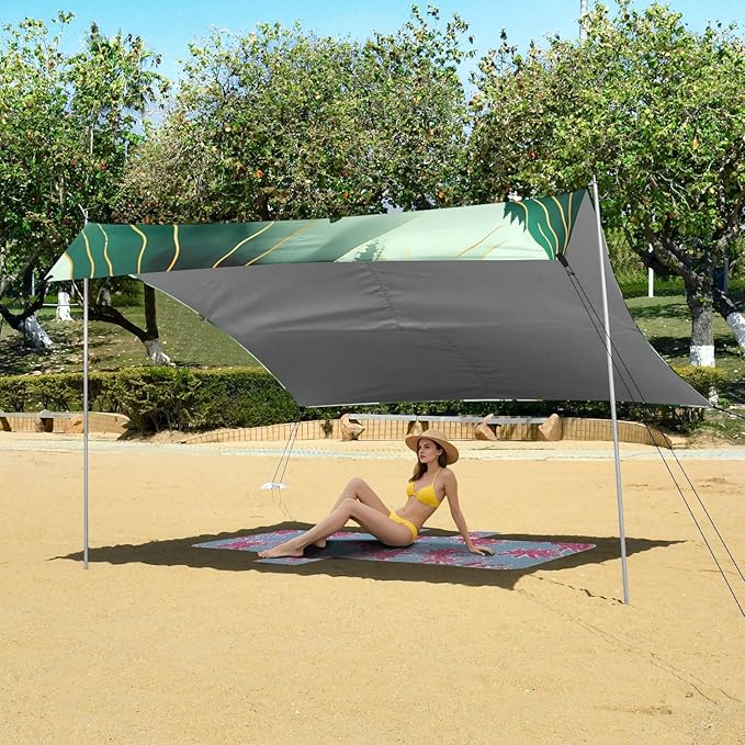 Beach Canopy with Windproof Ropes &amp Sandbags Beach Tent Sun Shade Sun Shelter for Camping Trips Fishing Backyard Fun or Picnics Landscape