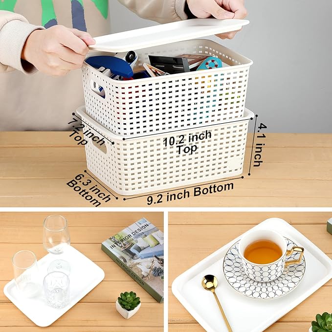 AREYZIN Plastic Storage Baskets With Lid Organizing Container Lidded Knit Storage Organizer Bins for Shelves Drawers Desktop Closet Playroom Classroom Office White 6 Pack