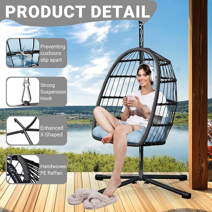 LEVELEVE Egg Chair with StandPatio Rattan Wicker Hanging Swing Egg Chair Hammock Chair for Bedroom Porch GardenThickened Aluminum Alloy Steel Frame and UV Resistant Cushion350LBS Capacity