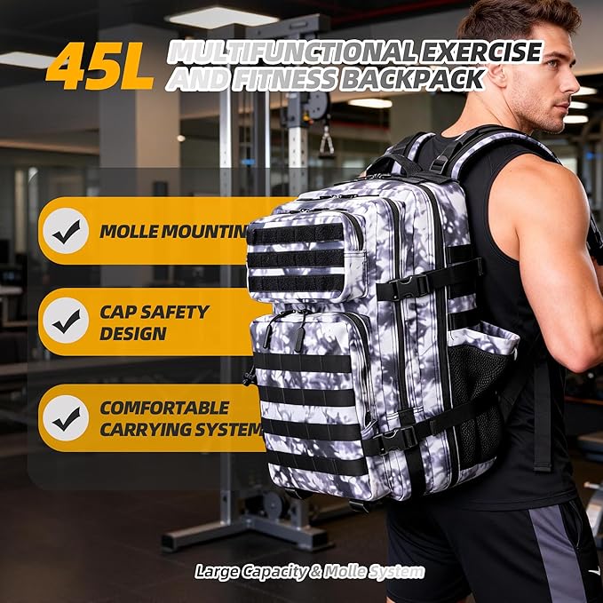 LUPU TACTICAL 45L Backpack for Men and Women 3 Days Assault Pack Outdoor Travel Hiking Camping Rucksack with Molle Webbing (Black and White)