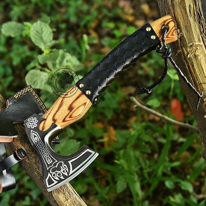 Hand-Forged Engraved Viking Axe Outdoor Camping Hunting Norse Hatchet Axe with Leather-Wrapped Handle &amp Sheath Great for Birthdays Gift Holidays Christmas or Weddings Gift (AXE-04)
