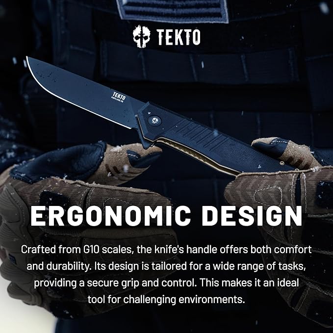 TEKTO F1 Alpha Folding Pocket Knife - Modified Straight Back Blade Titanium Coated D2 Steel Ideal for Outdoor Camping and Backpacking Tactical G10 Black Handle Bronze Titanium Accents