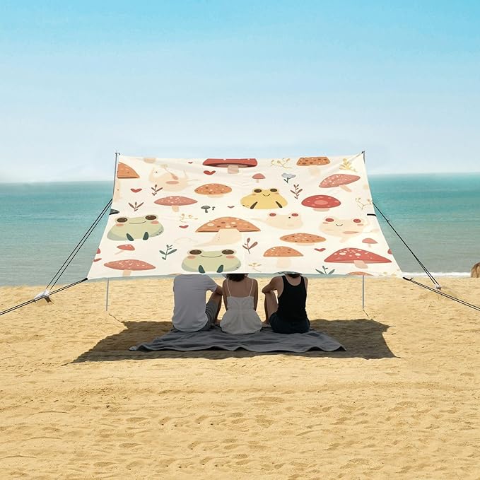 Cute Frogs and Safari Mushrooms Smoke Foldable Beach Cabana UPF50+ Waterproof Large Sun Shelter with Sandbags and Shovel for Family Trips Picnics &amp Camping