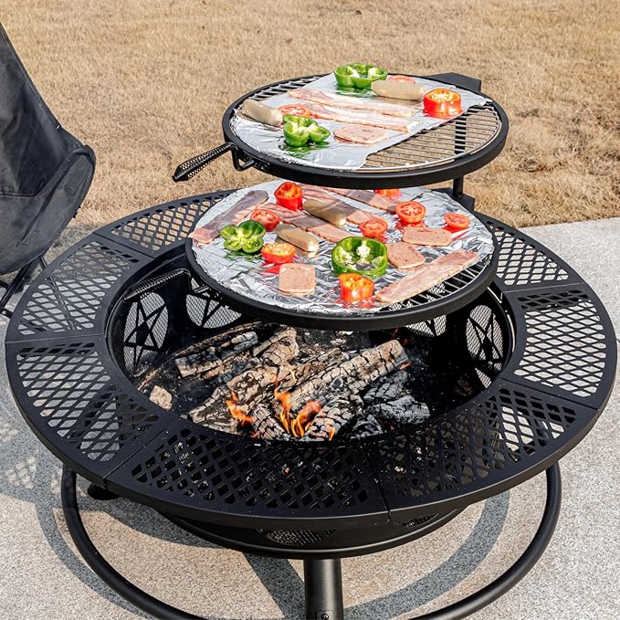 42 Inch Fire Pit with 2 Grills Extra Large Wood Burning Fire Pits for Outside with Lid &amp Poker Heavy Duty FirepitBBQ&amp Outdoor Fire Pit &amp Round Metal Table 3 in 1 for Patio Picnic Part