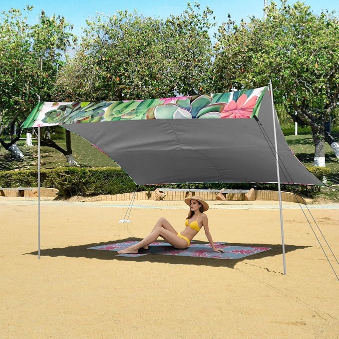 Beach Canopy with Windproof Ropes &amp Sandbags Beach Tent Sun Shade Sun Shelter for Camping Trips Fishing Backyard Fun or Picnics Cactus