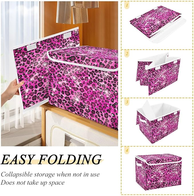 Leopard Gradient Glitter Decoration Sequins Peach Purple Storage Box with Lid Stackable Fabric Storage Large Storage Bins