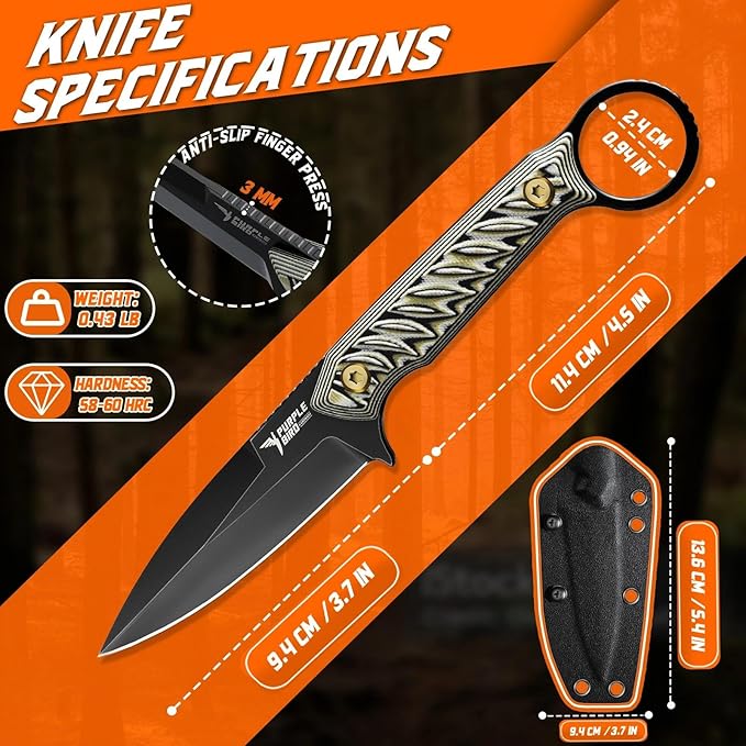PURPLEBIRD Small Fixed Blade Knife with Kydex Sheath - 3.7 Full Tang EDC Survival Knife for Men with TiN-Coated 440C Blade &amp G10 Handle Sharp Hunting Knives for Bushcraft Gift for Men