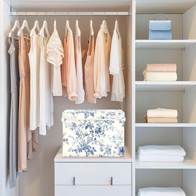 Blue White Flower Pattern Large Storage Bins with Linen Foldable Storage Cubes Fabric Closet Organizer Containers box with Flip-Top Lid for Home Office 16.5 x 12.6 x 11.8 IN