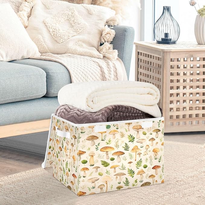 Storage Bins With Lid Stackable Fabric Closet Organizer Clothing Storage Large Boxes For Closet Shelves Bedroom Beige Mushrooms Leaves Caps Natural