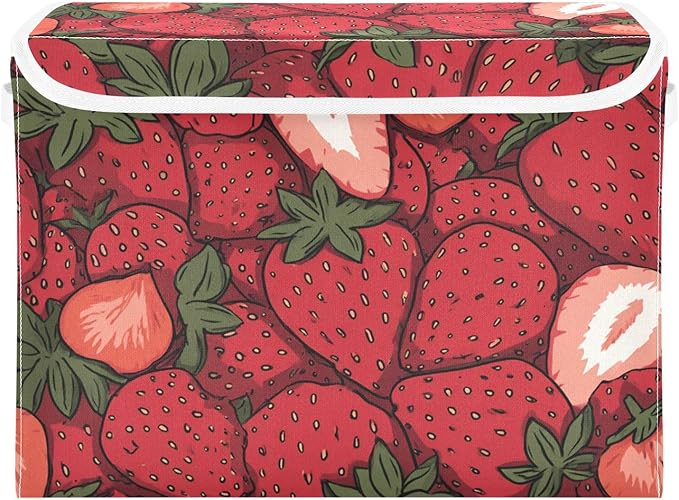 Storage Bins with Lids Storage Containers Box Organizer Bin Basket with Handles for Closet Shelves Clothes Stackable Foldable Decorative Cartoon Red Strawberry