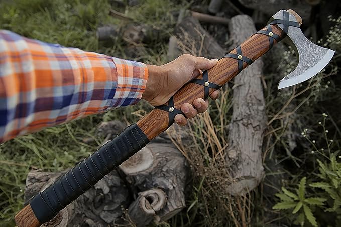 SHINY CRAFTS® Norse Viking Axe with Leather Sheath – Hand-Forged Bearded Hatchet Tomahawk Axe for Camping Survival Woodcutting Unique Gift for Him Husband Dad Groomsmen (SCAH-15)